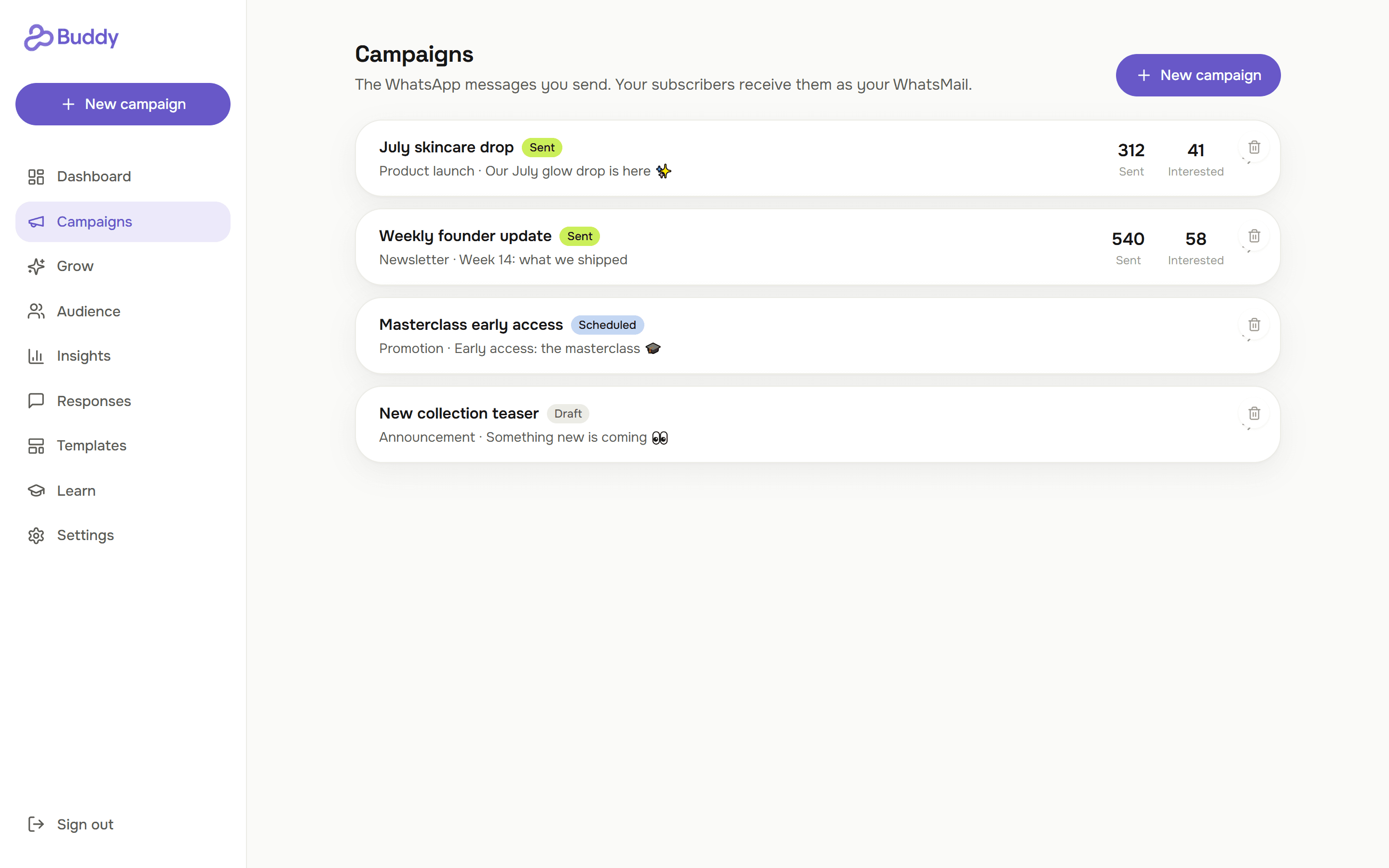 Buddy campaigns screen