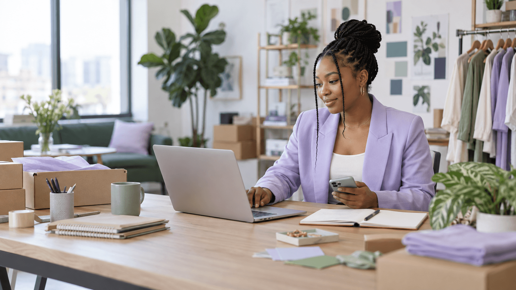 A founder working in an office with a laptop and phone